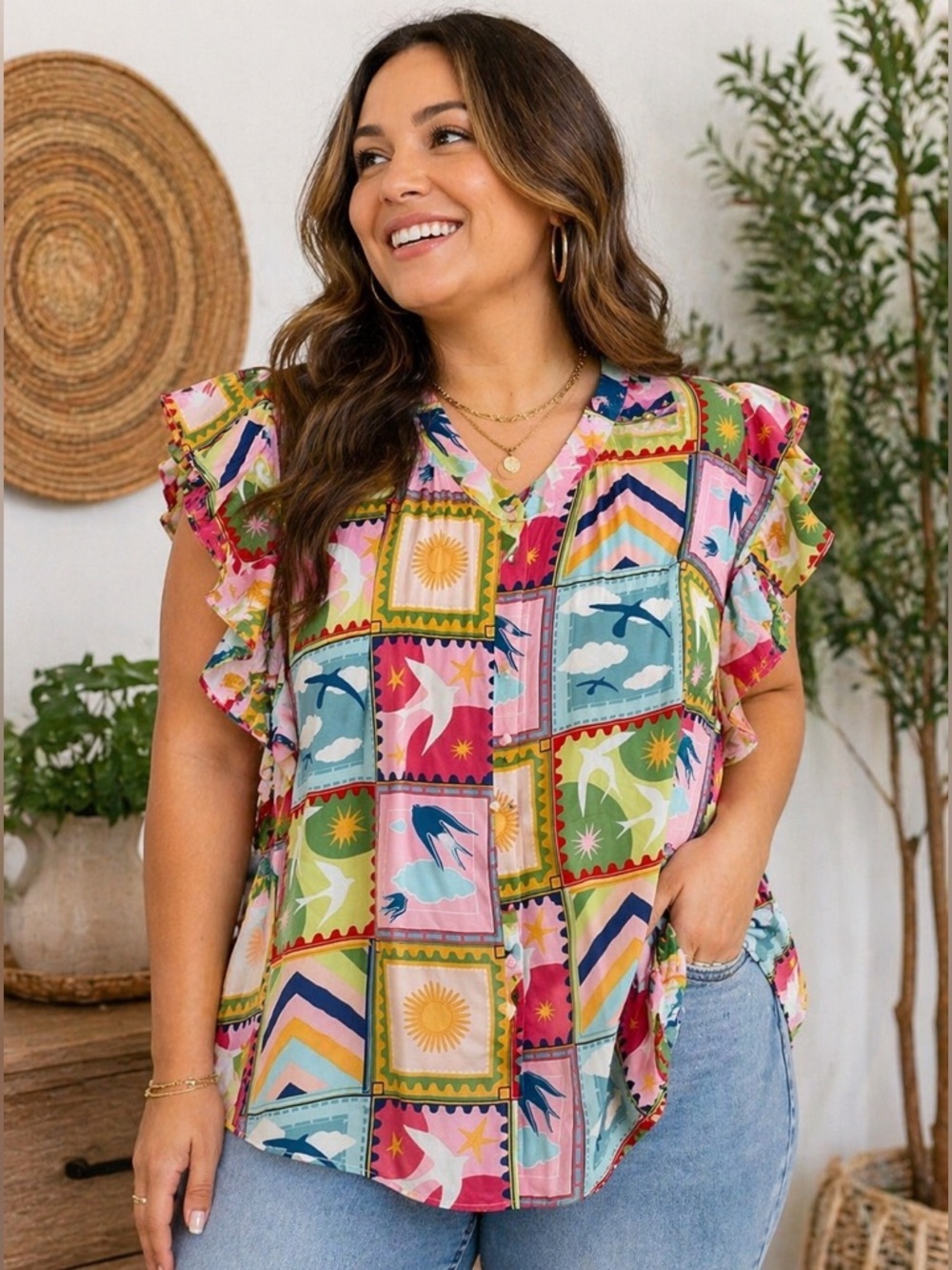 Rose + Olive Patchwork Print Ruffle Sleeve Blouse 1X Colorful Boho Plus Size